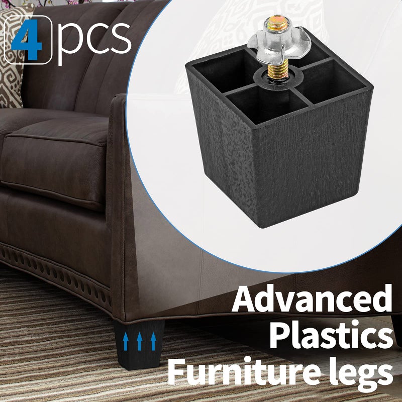 Masendelk 2 inch Plastic Furniture Legs, Square Couch legs Black Sofa Legs set of 4, Mid Century Furniture feet M8 Replacement Legs for Armchair Bed Couch Cabinet Desk Table Sofa - Image 5